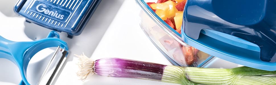 Набір для нарізки овочів Genius Nicer Dicer Smart (14 шт.) - набір для нарізки кубиками, соломкою, слайсами та чвертями з рецептами. Салатний слайсер, овочевий слайсер, гурковий слайсер (блакитний)