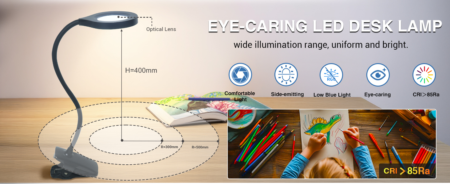 LED лампа для читання Akynite з акумулятором, 5 кольорів та 5 рівнів яскравості, кріпиться на ліжко, дитячий столик, чорна