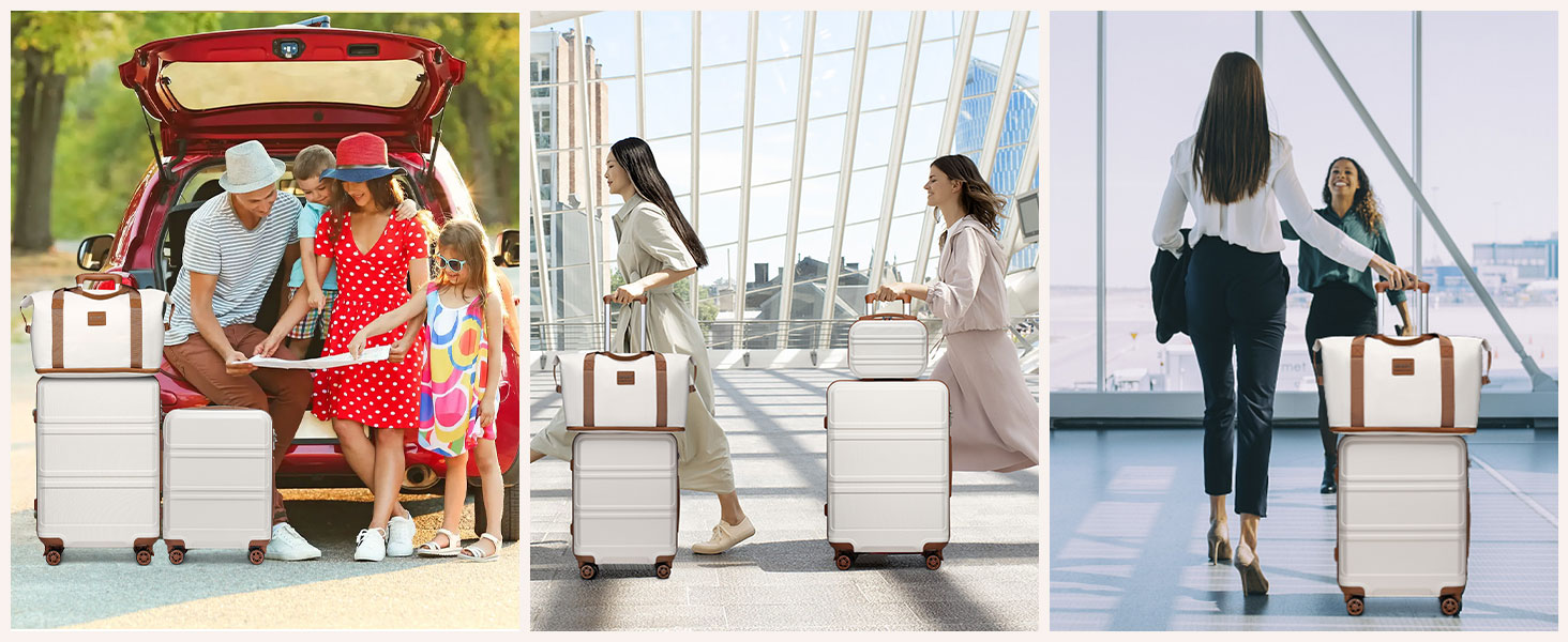 Набір валіз KONO 4 в 1: ручна валіза 55 см, косметичка, сумка для ручної поклажі, кульшова сумка (кремовий білий)