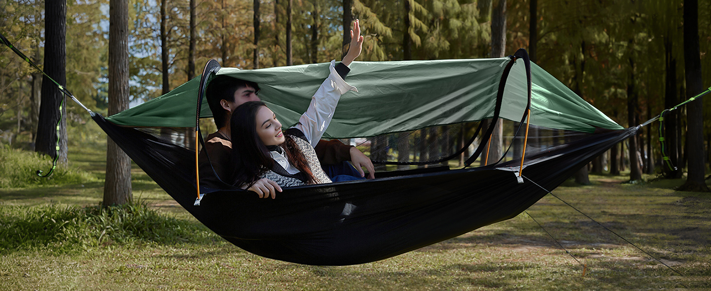 Гамак-намет для кемпінгу з москітною сіткою та сонцезахистом, 290x140 см, великий простір, багатофункціональний, легкий, з ременями для кріплення до дерева, підлоговий намет для відпочинку на природі, пішохідний туризм, зелений