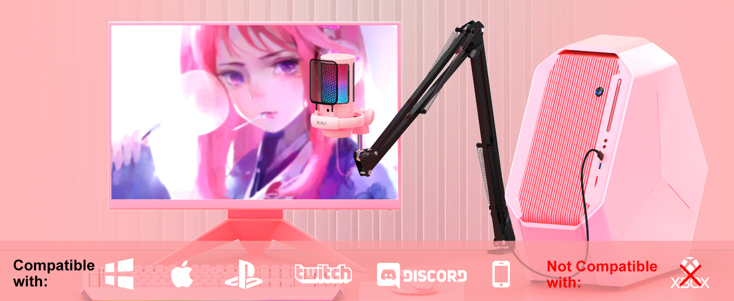 Мікрофон для ПК NJSJ Gaming з тримачем, USB мікрофон для MAC PS4 PS5, рожевий. З кнопкою вимкнення звуку, навушниками, поп-фільтром. Конденсаторний мікрофон для стрімінгу та подкастів