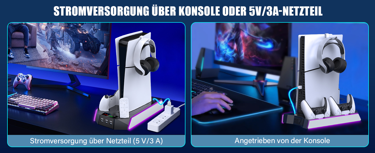 Підставка для PS5 Slim/Pro з зарядною станцією для контролера PlayStation 5 (Disc/Digital), аксесуари PS5 з RGB підсвіткою, вентилятор, тримач для навушників, USB хаб, чорно-білий, Q511