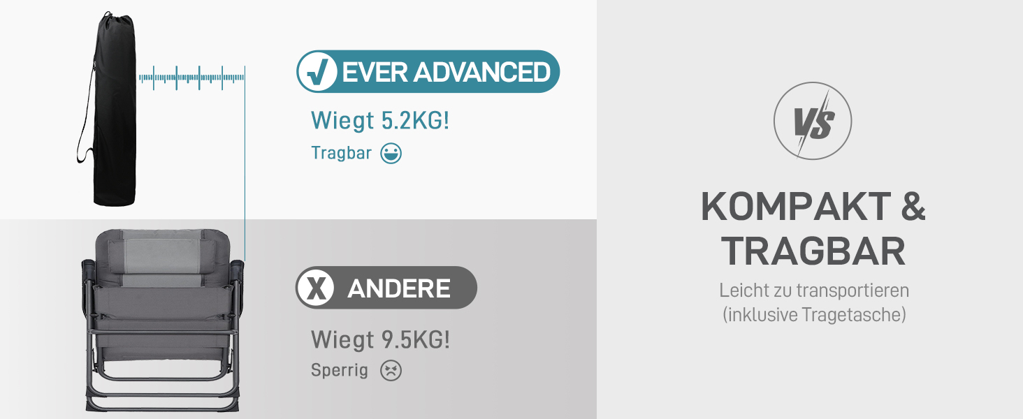 Крісло для кемпінгу Ever Advanced, складне, регульована спинка, 160 кг, з кишенею та тримачем для напоїв, для риболовлі, кемпінгу, саду, балкону