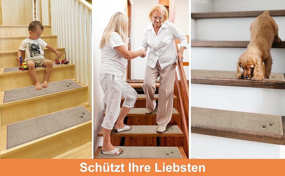 BEQHAUSE Non-Slip Stair Treads - 15 Piece Set, Washable Carpet for Stairs - Safe for Kids, Seniors & Pets - 22x70cm Beige