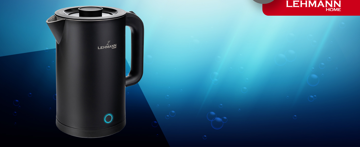 Електричний чайник LEHMANN з нержавіючої сталі 1,7л, 2200W, швидкий нагрів, подвійні стінки, автовимкнення та захист від перегріву, BPA-free, для дитячого харчування, чаю та кави, чорний