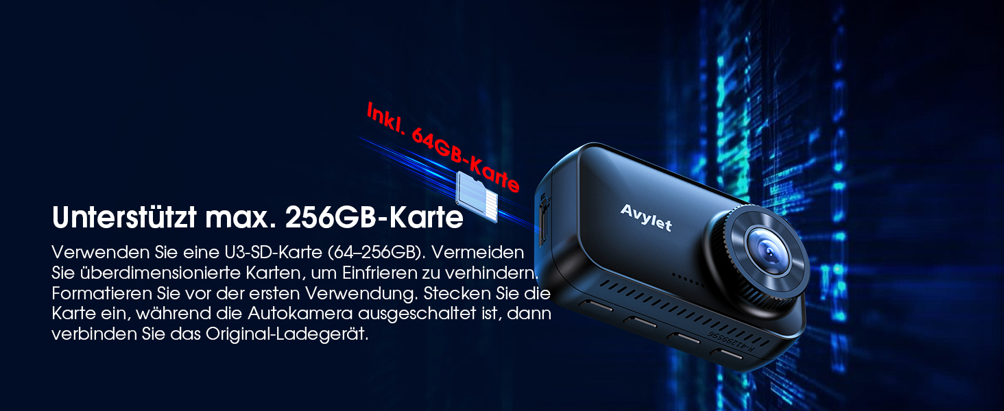Автомобільний відеореєстратор Avylet 4K/2.5K+1080P з передньою та задньою камерами, 64GB SD карта, 5GHz WiFi, ADAS, 2.7