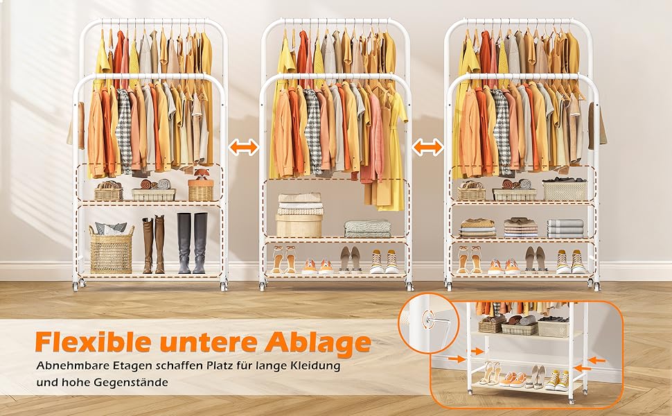 Вішалка для одягу HOMIDEC з 3 полицями, подвійна штанга на колесах, металевий каркас, біла - до 80 кг