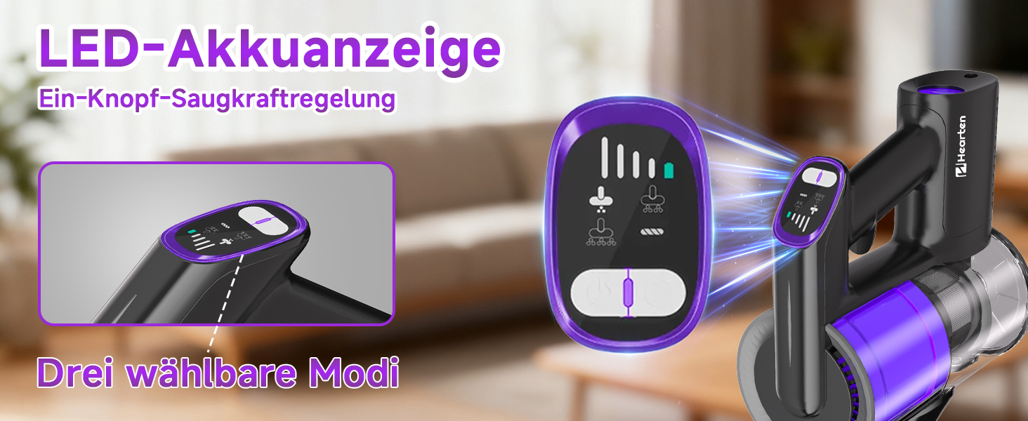 Бездротовий акумуляторний пилосос Hearten 4-в-1 з LED дисплеєм та антизаплутувальною насадкою, сенсорне управління, для видалення шерсті тварин, килимів та твердих поверхонь (фіолетовий)