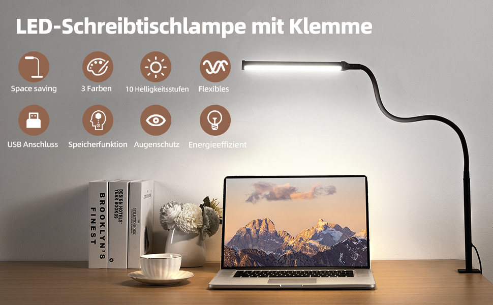 LED лампа для столу з кріпленням, регульована світлодіодна лампа з 3 кольорами та 10 рівнями яскравості, захищає зір, лампа для роботи, чорна