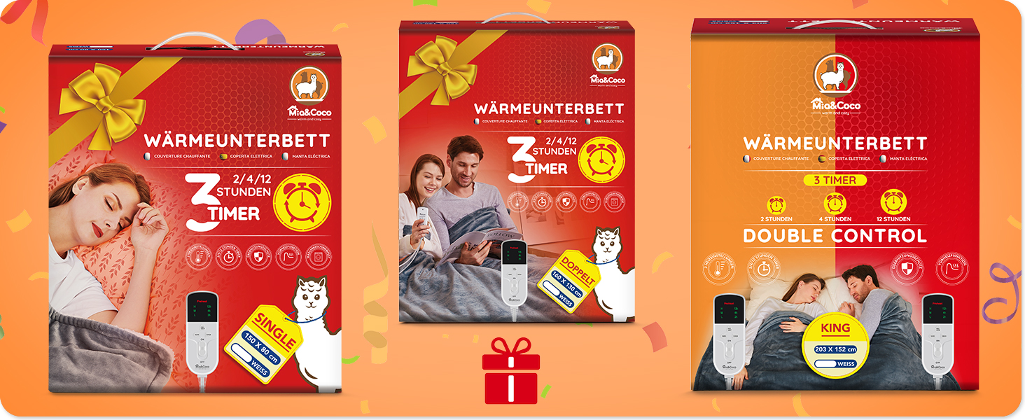 Електрична ковдра Mia&Coco з автовимкненням, 160x130 см, з таймером 12 годин, 3 режими нагріву, LED-дисплей, захист від перегріву, для стандартних матраців, машинне прання, білий колір