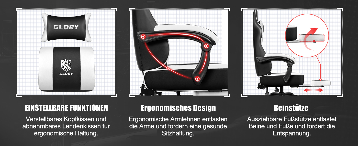 Геймерське крісло з підставкою для ніг, біле, до 150 кг - Ergonomischer Gaming Stuhl