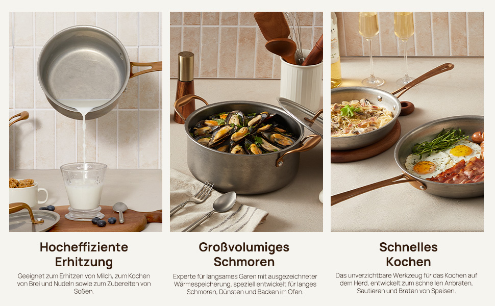 Набір каструль KOKHUB 8 предметів з нержавіючої сталі для індукційних плит, вінтажний стиль, без PFOA/PFAS/PTFE, підходить для всіх типів плит та духовки, можна мити в посудомийній машині