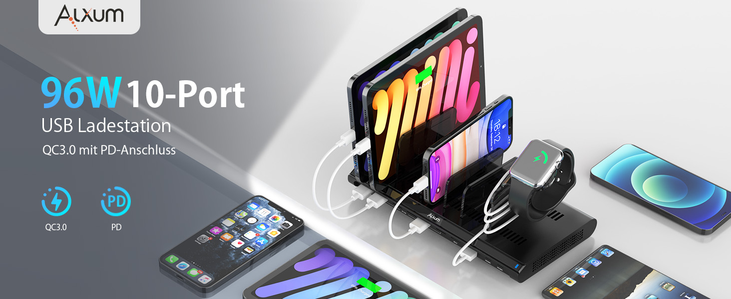 Зарядний пристрій Alxum 96W USB-C на 10 портів: швидка зарядка для телефонів, планшетів (PD 18W x2, QC 3.0 x2) - чорний