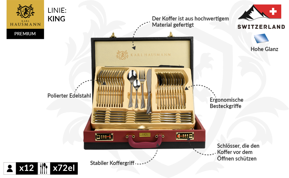 Karl Hausmann 72-Piece Stainless Steel Cutlery Set for 12 People - Dishwasher Safe Silverware Set with Case