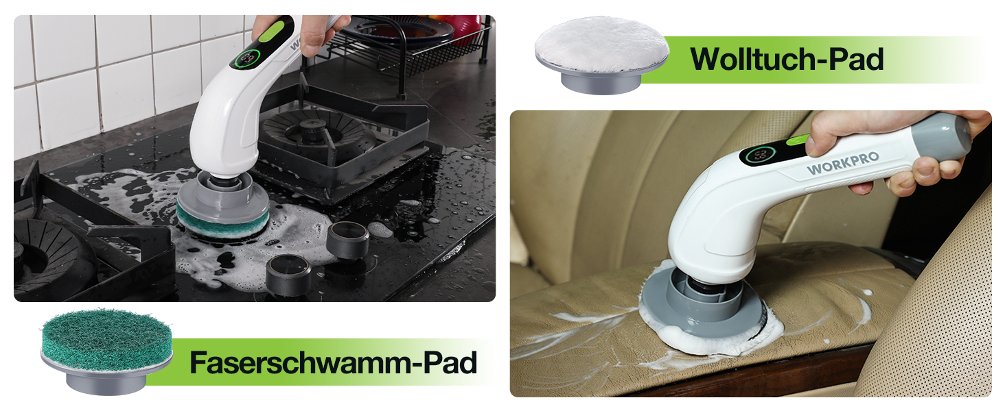 WORKPRO Електрична щітка для прибирання з індикатором потужності, 8 в 1, обертова щітка-скребок, 8 насадок, телескопічна ручка 30-120 см, 3 швидкості, для ванної кімнати та кухні