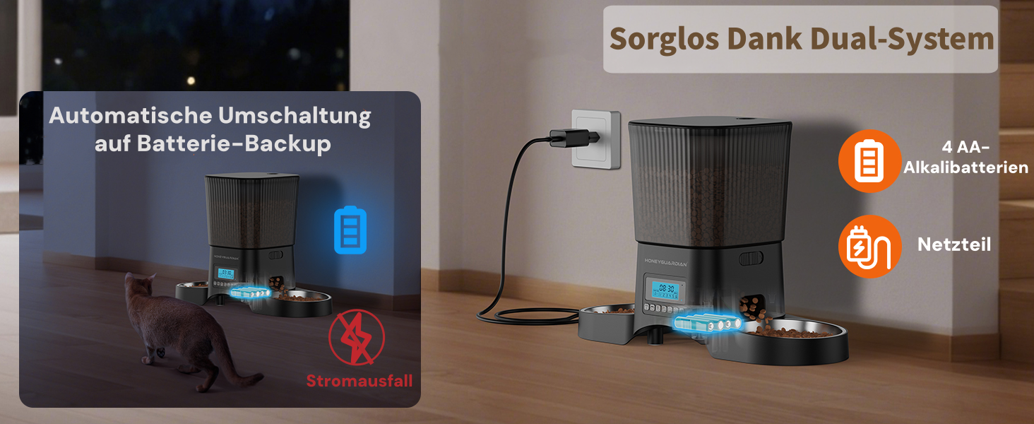 Автоматичний годівник для котів та собак HoneyGuardian з 2 мисками, таймером та великим об'ємом 3.5L, чорний