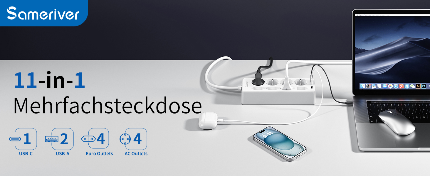 Мережевий фільтр Sameriver на 8 розеток з захистом від перенапруги, 3 USB-порти, вимикач, кабель 3м, білий