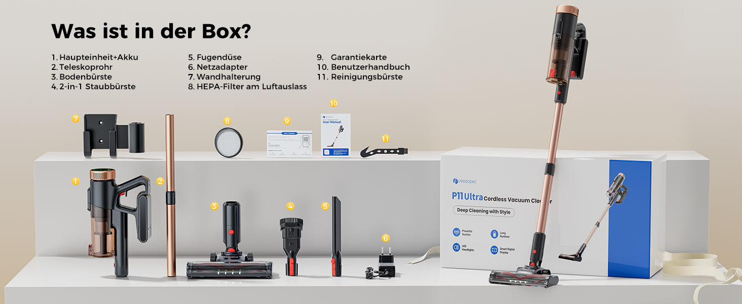 Бездротовий пилосос Proscenic P11 Ultra з акумулятором, легкий, самостійно стоїть, 50Kpa, 50хв, з сенсорним екраном, зелене світло, анти-заплутування, для килимів, твердих поверхонь, автомобіля, шерсті домашніх тварин, золотий
