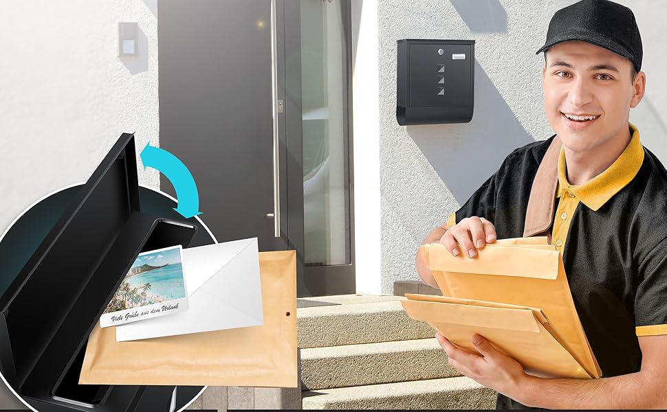 Поштова скринька KESSER® з газетним відділенням, іменним шильдиком, оглядовим вікном, нержавіюча сталь, чорний матовий, 3 ключі, настінний монтаж, велика, з матеріалом для кріплення