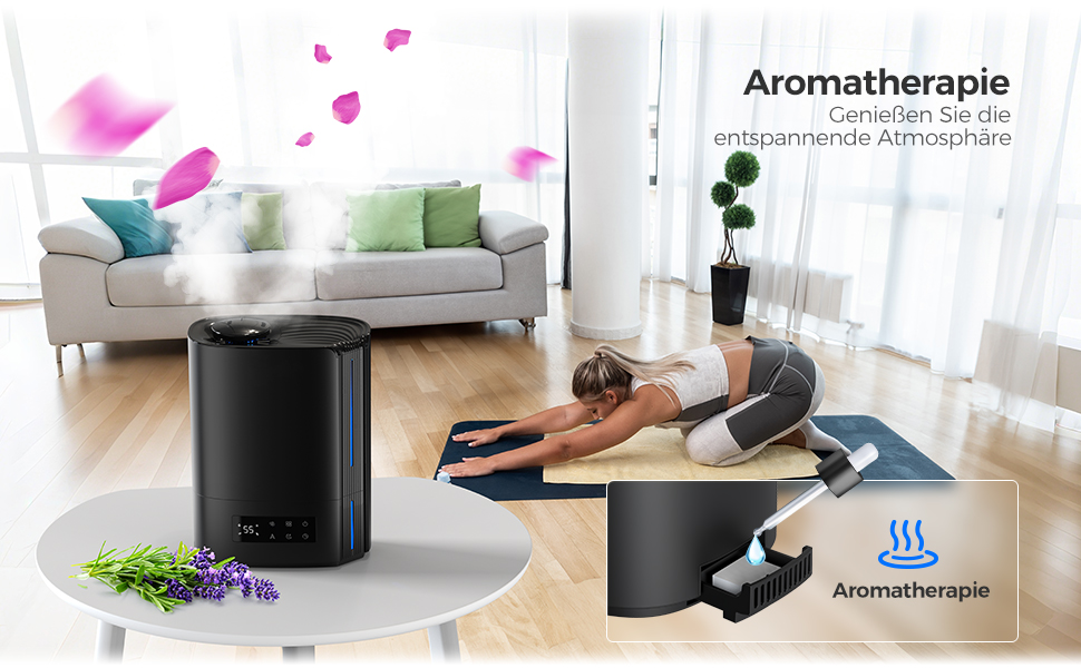 Зволожувач повітря AROEVE 6L з аромадифузором, ультразвуковий, для дитячої кімнати, 60 годин роботи, тихий, з контролем вологості, чорний