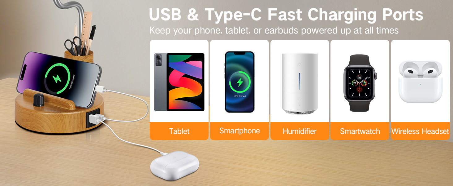 Настільна лампа LED OUTON 2 шт. з USB-A та USB-C, торшери для спальні, вітальні, офісу, з тримачем для телефону та ручок, кераміка, тепле світло 2700K