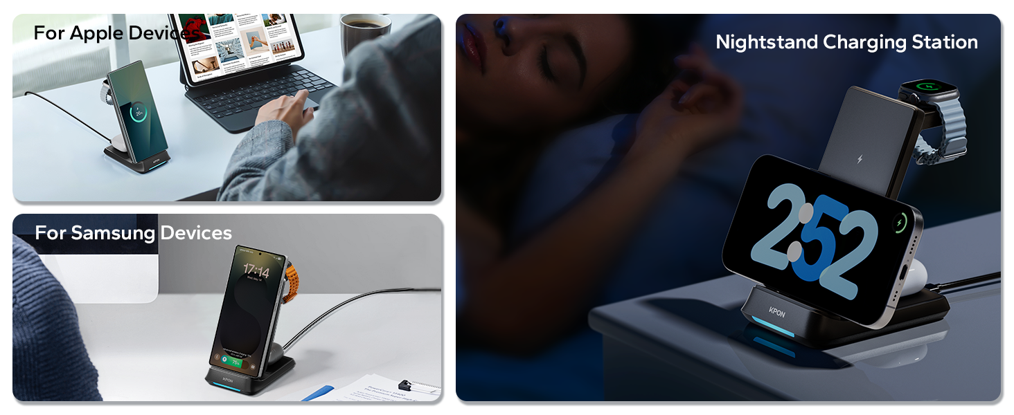 Бездротова зарядна станція 3-в-1 KPON для Samsung Galaxy Watch та смартфонів (S26/S25/S24/S23/S22/Z Flip/Fold, Buds) - Чорна, складна, індуктивне заряджання