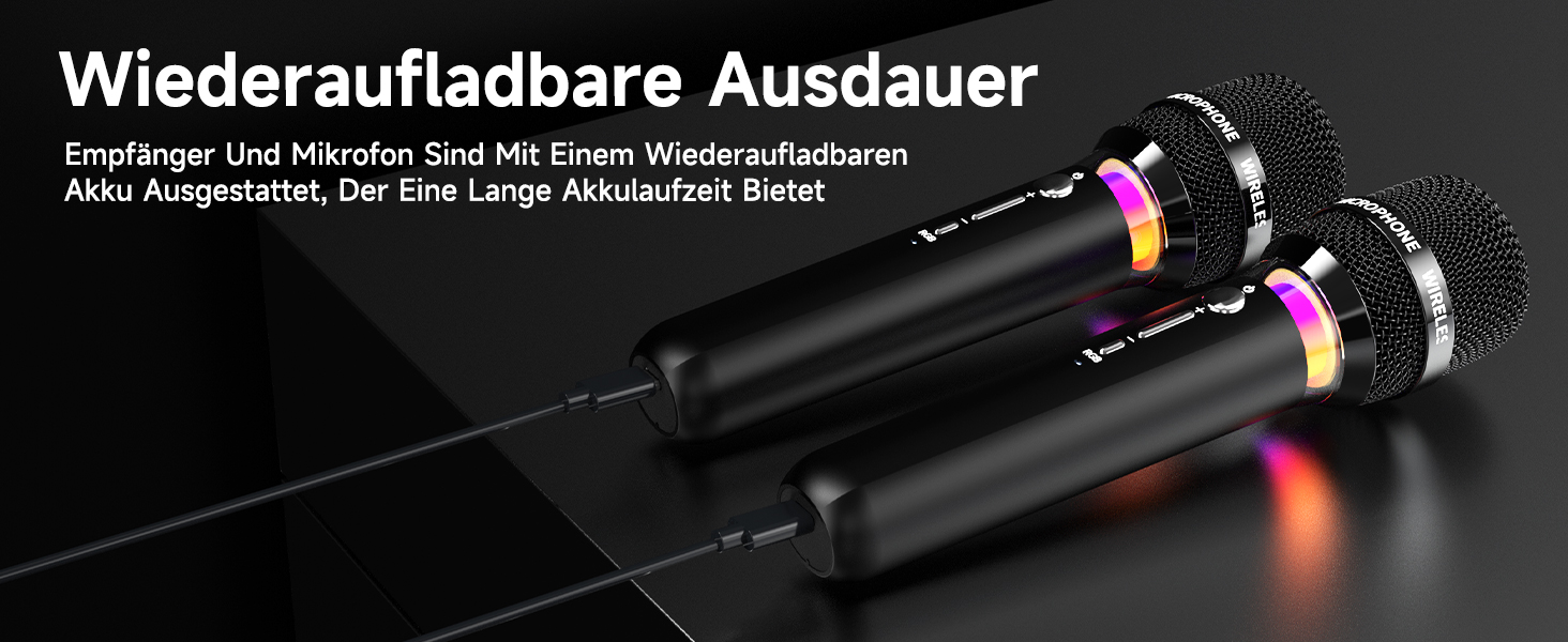 Бездротовий мікрофон з LED-підсвіткою, подвійний, акумуляторний, караоке, чорний