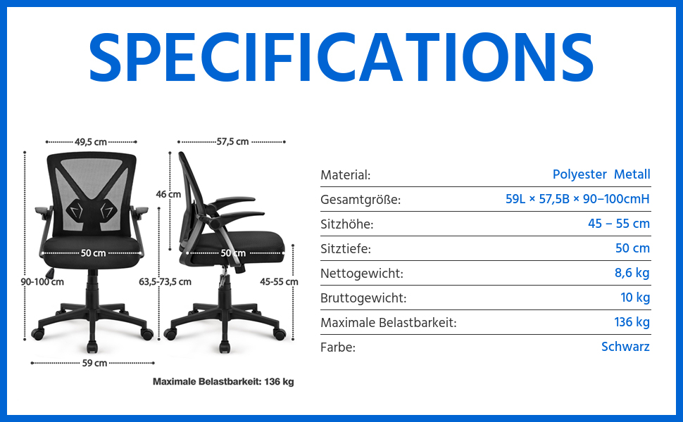 Офісне крісло Yaheetech з підйомними підлокітниками, сітчасте, ергономічне, з підтримкою попереку, функцією гойдання та регулюванням висоти (Чорний)