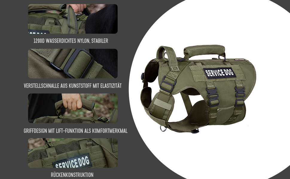 Тактичне обіднє повід для собак, навантажувальне обіднє повід для середніх та великих собак, дихаюча сітка, регульоване обіднє повід для службових собак з металевою застібкою 39г для тренувань, прогулянок (Зелений, L(Окружність шиї: 46-63см, Окружність грудей: 61-86см))