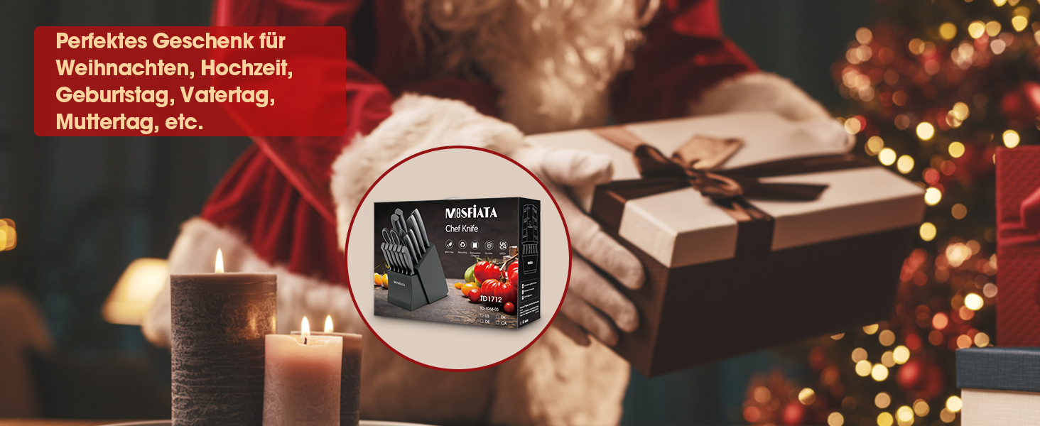MOSFiATA 17-Piece Knife Set with Block - Professional Kitchen Knife Set with Titanium Coating, Stainless Steel, Scissors, Finger Guards & Gift Box