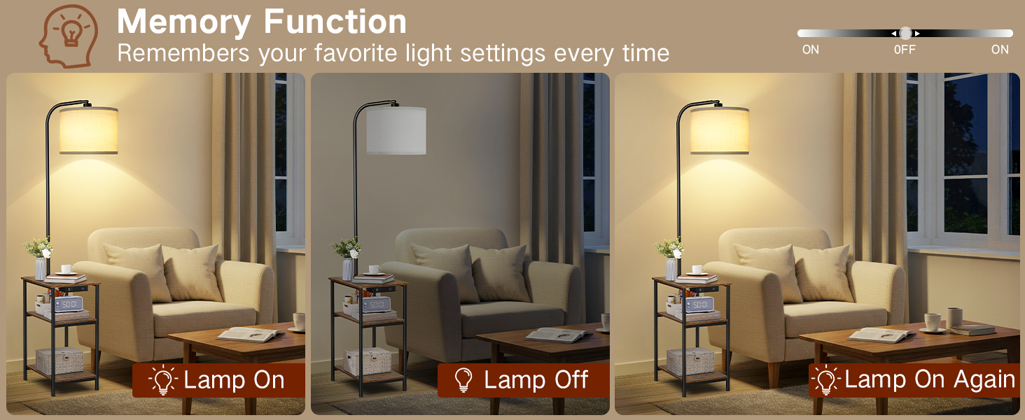 Стійка лампа для вітальні з поличкою та столом, регульована LED лампа з пультом, 3 колірні температури, приліжний столик з функцією зарядки та полицею, дерев'яний столик для спальні, офісу, коричневий в стилі рустік