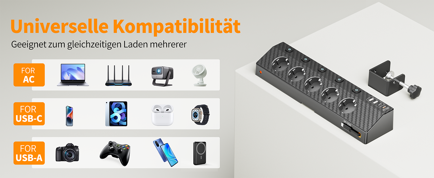 Мережевий адаптер Passus 5-фазний з 2 USB-C (PD 30W), захист від перенапруги, індивідуальне вмикання, 10-в-1, кабель 2м, чорний