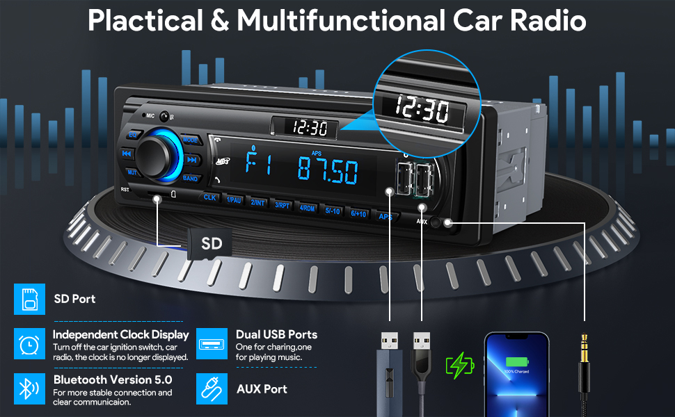 Автомобільна магнітола RDS Bluetooth 9-24V, FM/AM 1DIN, гучний зв'язок, 7 кольорів підсвітки, 2 USB, MP3-плеєр, AUX, SD, незалежний годинник, 30 радіостанцій
