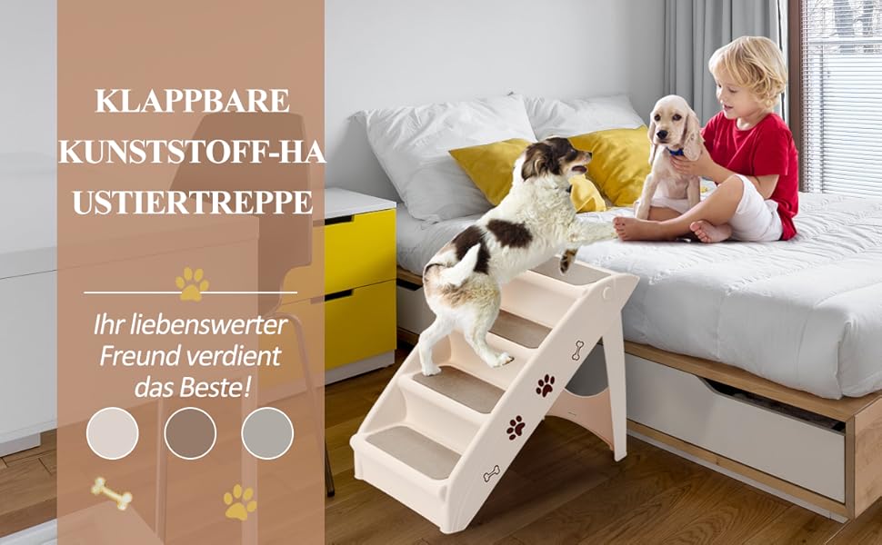 COSTWAY 4-Step Pet Stairs with Carpet, Dog Stairs Plastic Cat Stairs Folding, Portable Dog Ramp Pet Stairs for Dogs and Cats, Pet Ramp for Climbing and Scratching (Gray)