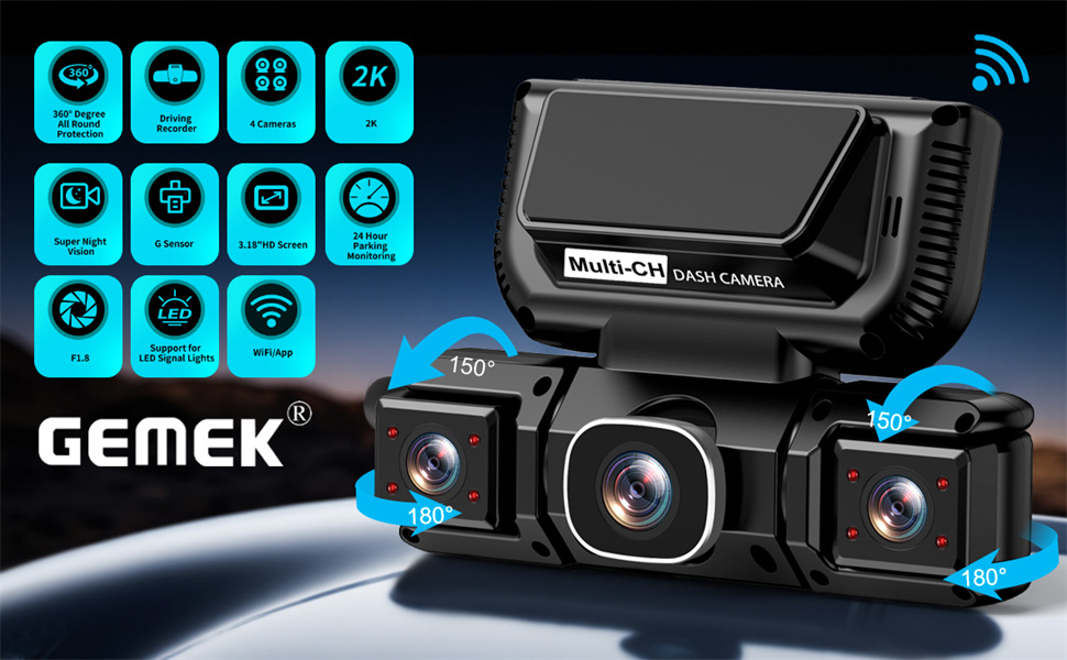 Автомобільний відеореєстратор GEMEK 4K/2K 360° огляду, 4-канальна Dashcam (передня, задня, ліва та права камери), 5G Wi-Fi, керування через додаток, G-сенсор, нічна зйомка, 3.16