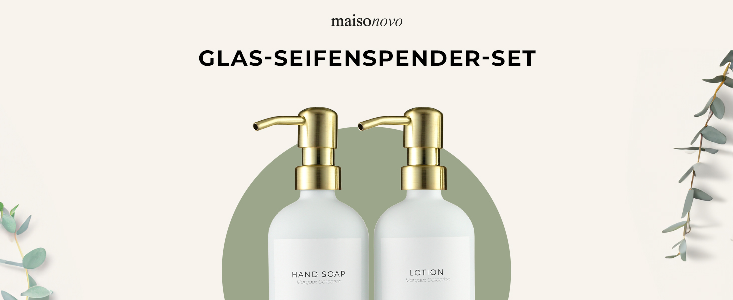 MaisoNovo Soap Dispenser Set - Soap Dispenser Kitchen - 500 ml Amber Bottles, Black Pumps, Glass Pumps, Soap Dispenser Set, 2-Piece Set and Concrete Tray - Dish Soap Dispenser Kitchen (White Glass / Gold Pump + Rectangular Tray)