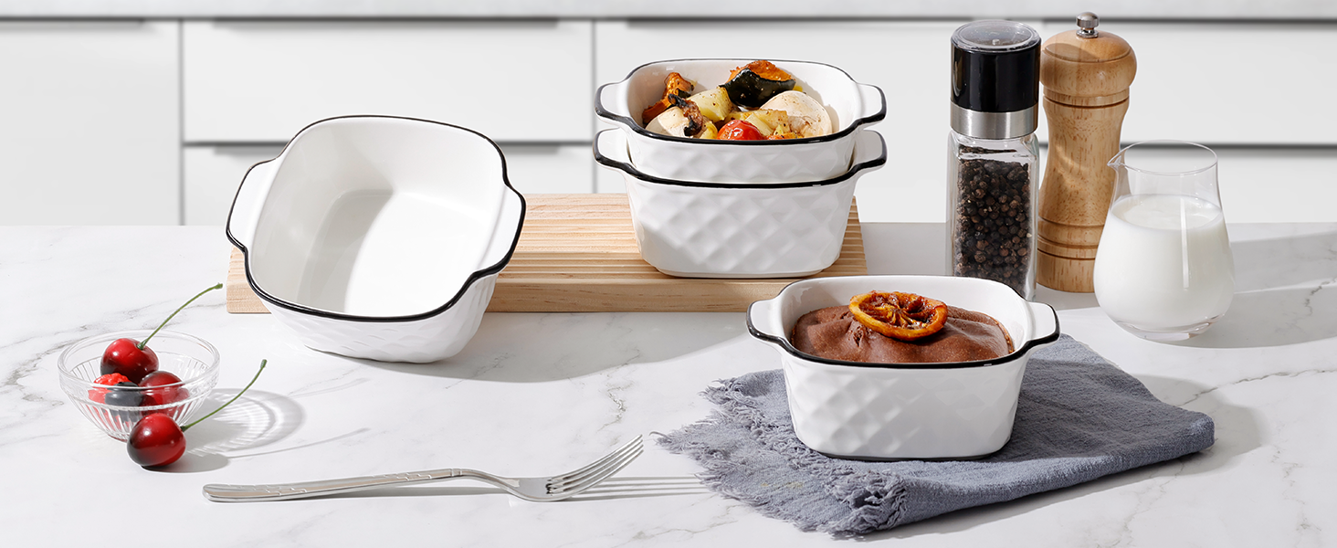 Набір форм для запікання NUTRIUPS 400 мл (4 шт.) з кераміки, 14.5 x 11.5 x 5.5 см, квадратні, з ручками, для духовки та мікрохвильової печі (з візерунком ромбіків)