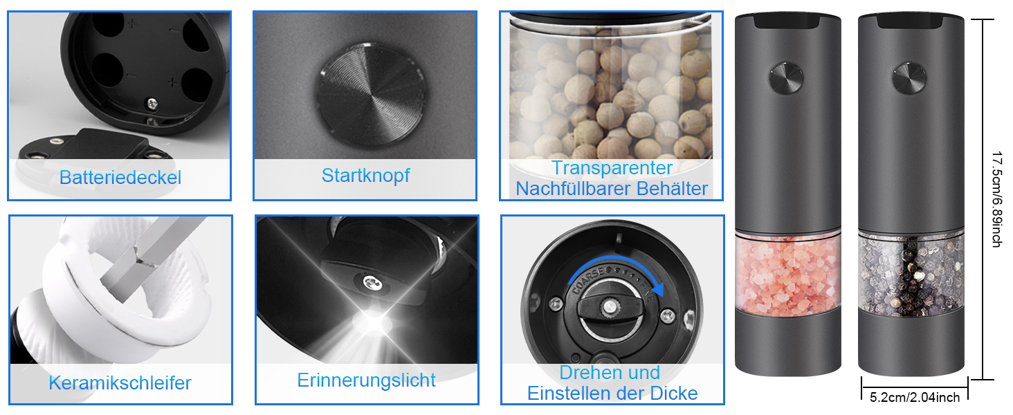 Електричні мельниці для солі та перцю 2 шт. з LED-підсвічуванням, регульована ступінь помелу, чорний колір
