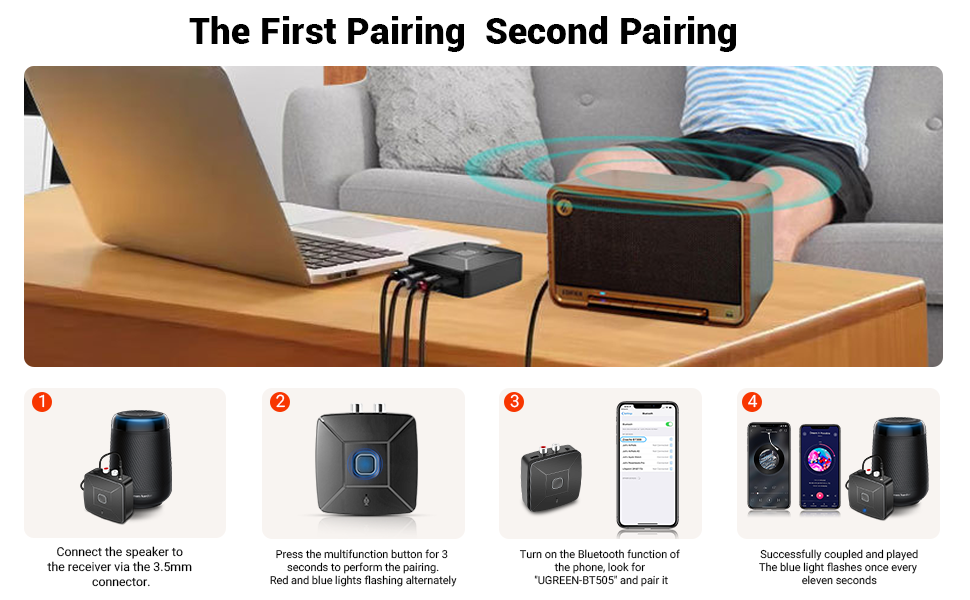 Bluetooth аудіоприймач 6.0 з LDAC Hi-Res декодуванням, сертифікований Hi-Res Audio, з 3.5mm та RCA виходами, сумісний з колонками, підсилювачами, автомагнітолами