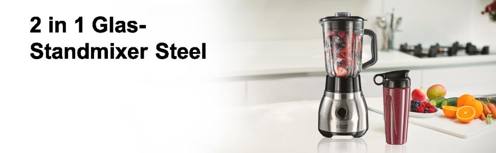 Стаціонарний блендер Russell Hobbs 2-в-1: 1,5 л скляна чаша + 0,6 л пляшка для смузі, нержавіюча сталь, подрібнення льоду, BPA Free, для коктейлів та смузі, модель 23821-56