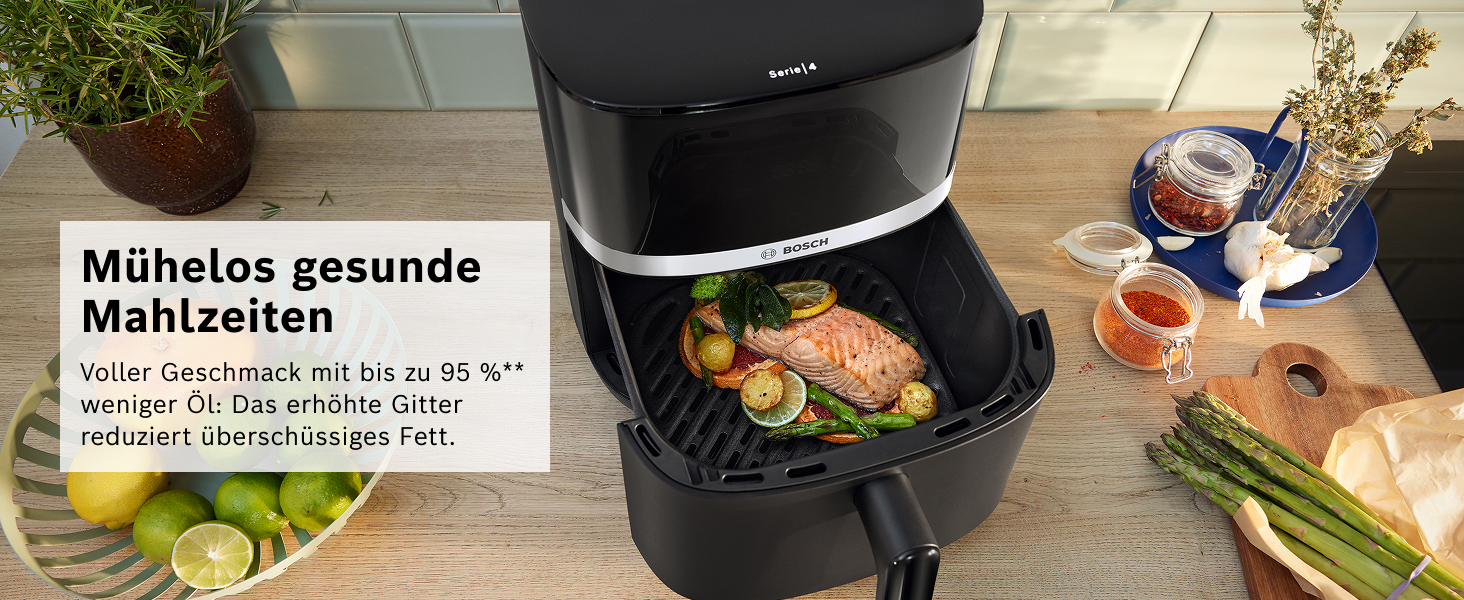 Фритюрниця повітряна Bosch Serie 4, XL, 6.1 л, чорна, 7 програм, розморожування, підігрів, сенсорний дисплей, MAF462B0