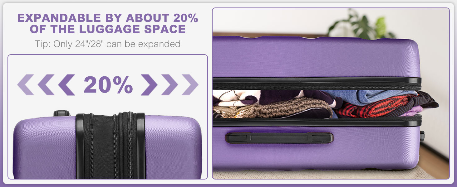 Чемодан-валіза KONO з розширенням, жорсткий, легкий, XL, з TSA-замком та 4 колесами, 75x47.5x29.5 см (M(55x35x22 см), фіолетовий)