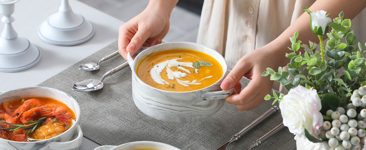 MALACASA Набір супових тарілок з ручками, 800 мл, порцеляна, 4 шт, серія Regular (сірий)