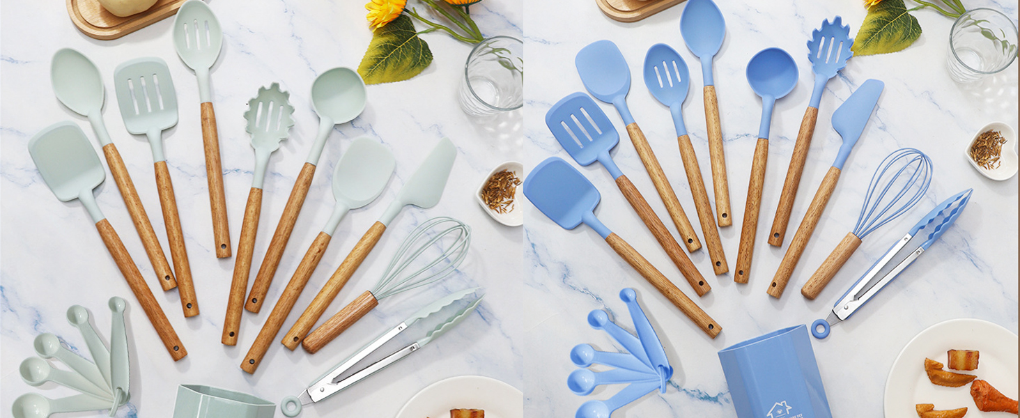 Набір кухонних аксесуарів 12 шт. з силікону з дерев'яними ручками, термостійкий антипригарний набір посуду: щипці, лопатки, ложки. Якісний кухонний набір (16+ чорний)