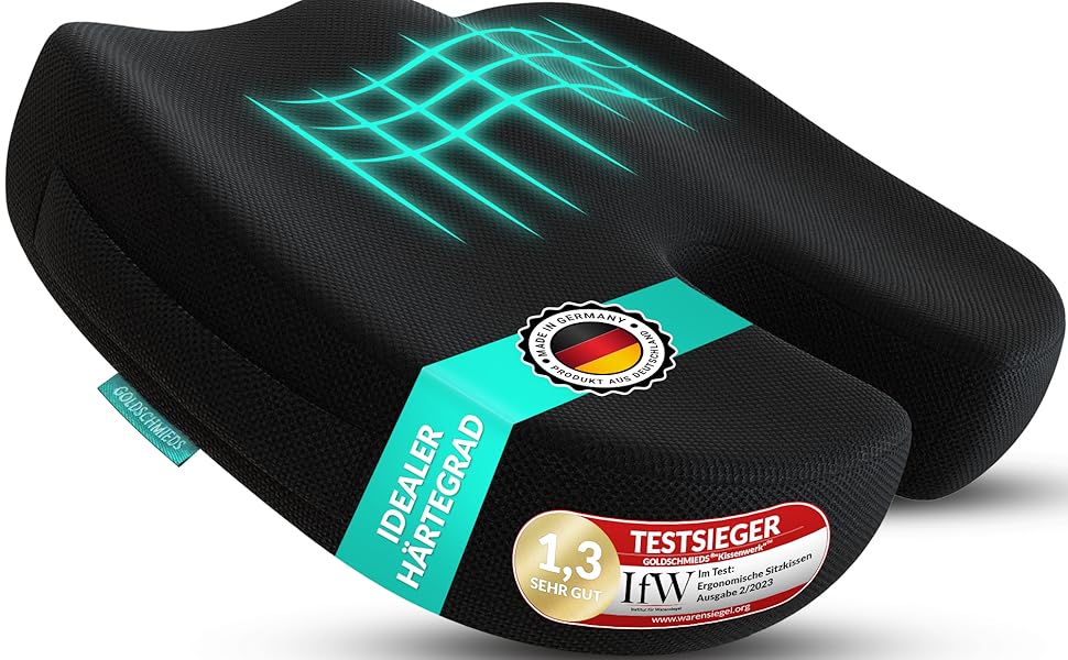 Ортопедична подушка для сидіння Goldschmieds® - для офісного крісла, авто та ін. - Знімає навантаження зі сідничної кістки, знеболює та покращує кровообіг. Made in Germany. Підходить для ваги 50-95 кг. Чорний пінополіуретан (Memory Foam)