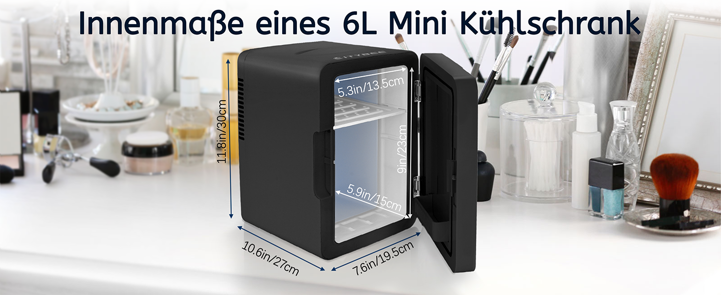 Міні-холодильник 6л - 12V/230V, тихий, з дзеркалом та LED-підсвіткою. Холодильник для косметики та догляду, ідеальний для авто (чорний)