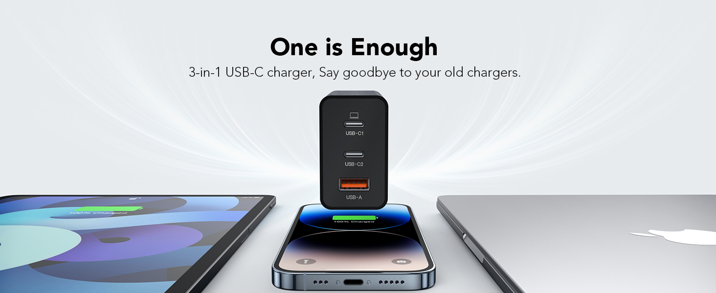 Зарядний пристрій USB-C 65W з 3 портами, чорний. Швидка зарядка для MacBook, iPhone, Switch, Galaxy, Tablet, Laptop