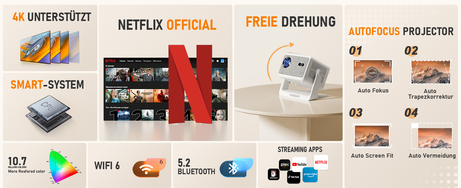 Міні проєктор Smart Beamer A-27000L з Wi-Fi 6, Bluetooth, підтримкою 4K та Netflix, Full HD 1080P, автофокусом та корекцією трапеції 6D для домашнього кінотеатру та використання на вулиці