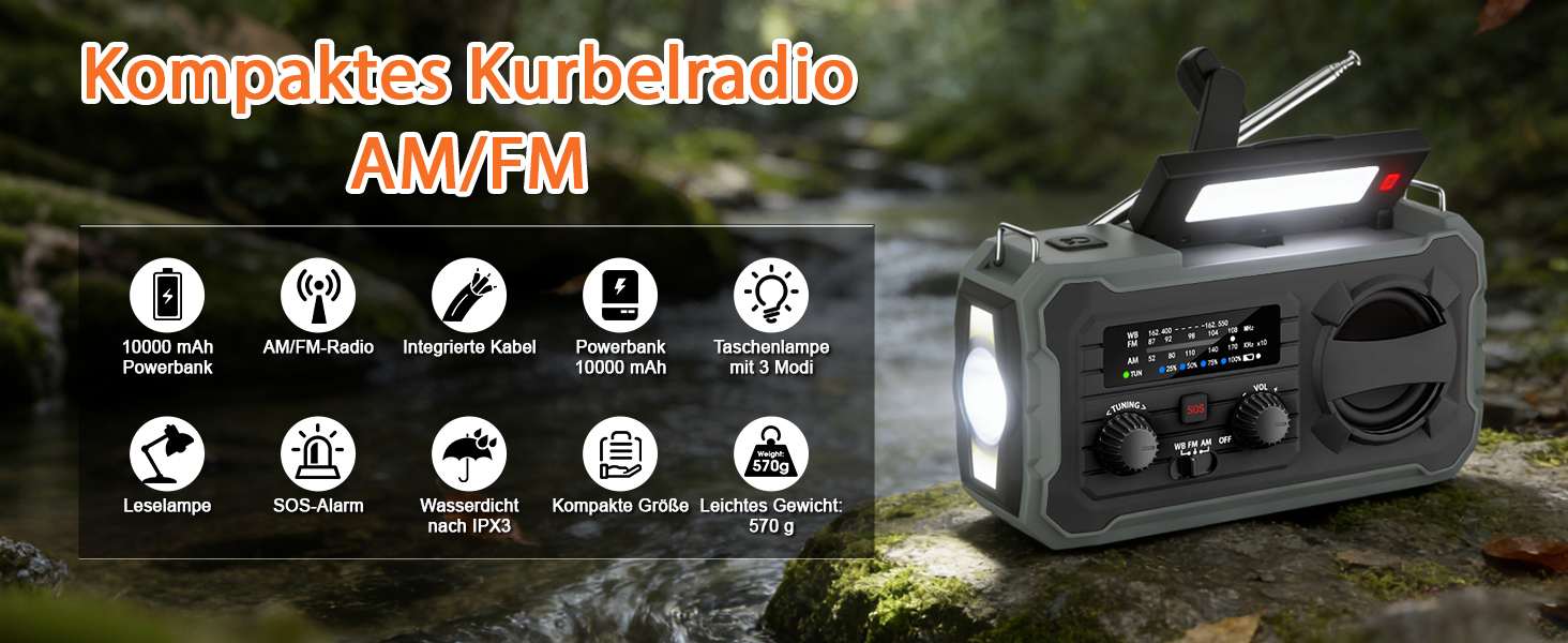 Радіо FIVAVA на сонячних батареях з ручним генератором, Powerbank 10000mAh, AM/FM, SOS-сигнал, LED-ліхтарик для кемпінгу та надзвичайних ситуацій (Червоний)