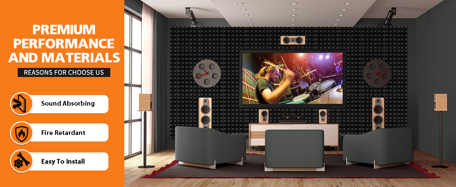 Самоклеючі акустичні панелі з шумопоглинаючого поролону 48 шт, звукоізоляційні пірамідні плити для студії та офісу, чорні, 30x30x2.5см та 30x30x5см